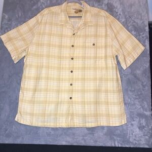 Caribbean Men's Short Sleeve Button Up Shirt Pale Yellow Plaid Size XL